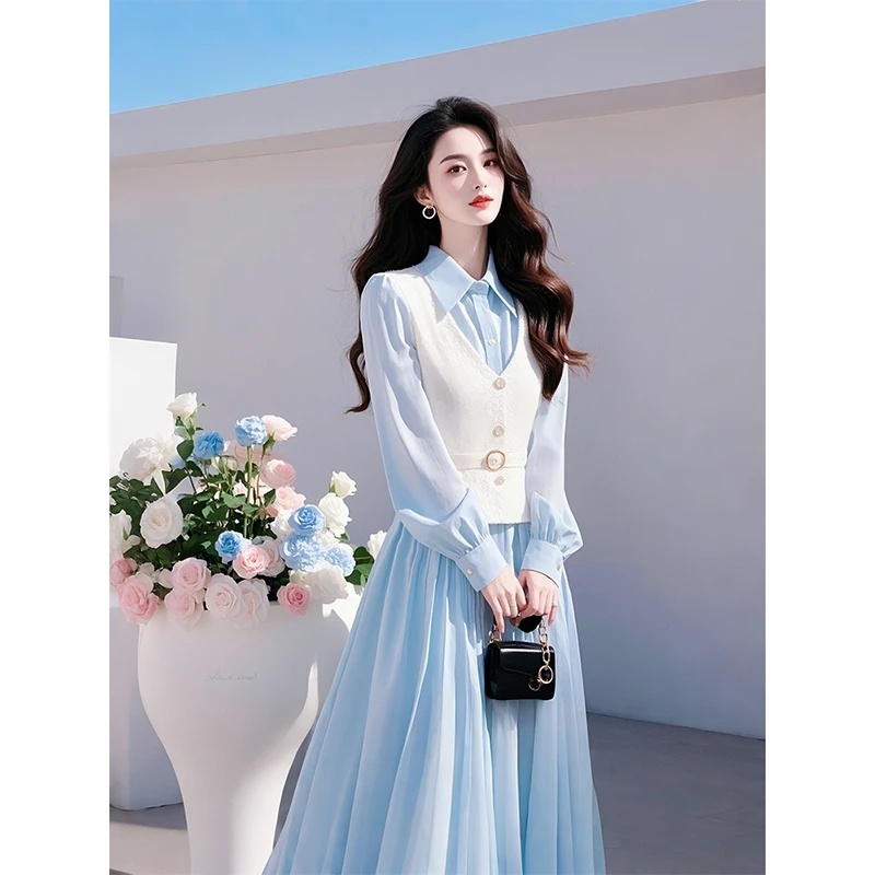 2025早春穿搭一整套漂亮女装韩系小香风浅蓝色连衣裙搭配马甲套装