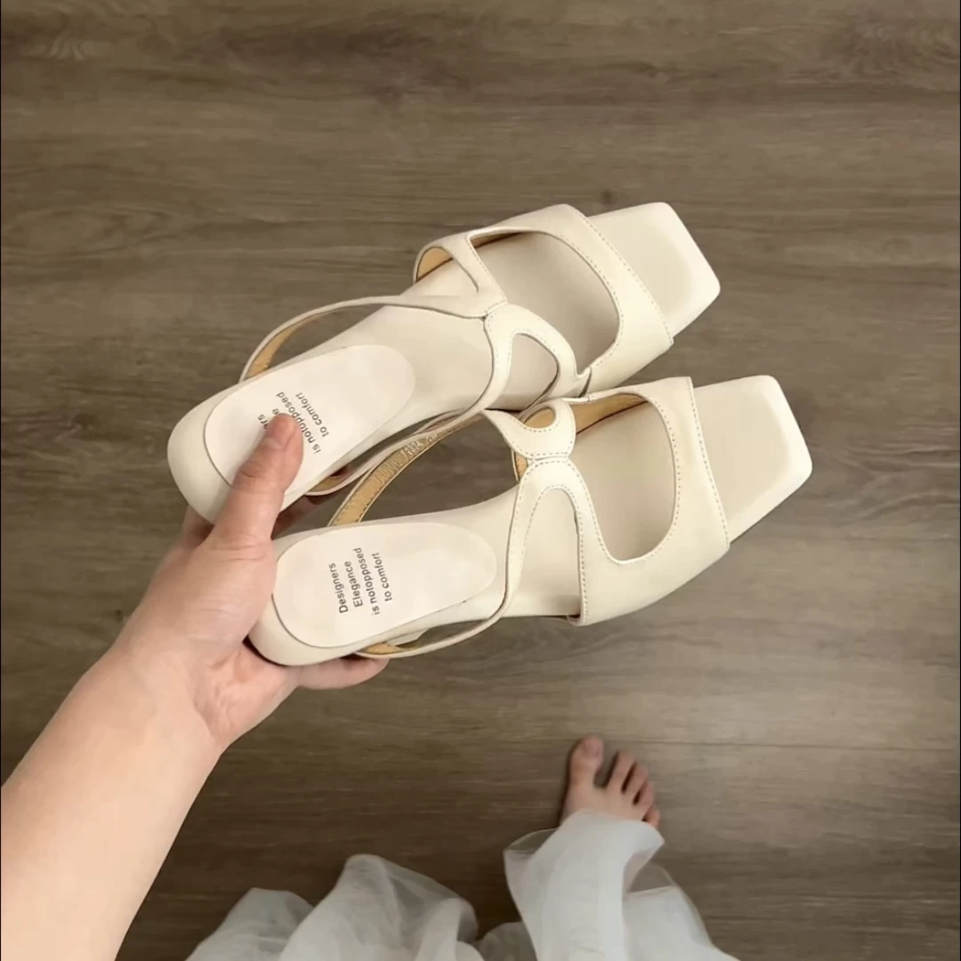 Dannyfrey法式复古方头优雅小众异形跟女百搭高跟外穿极简凉拖4CM