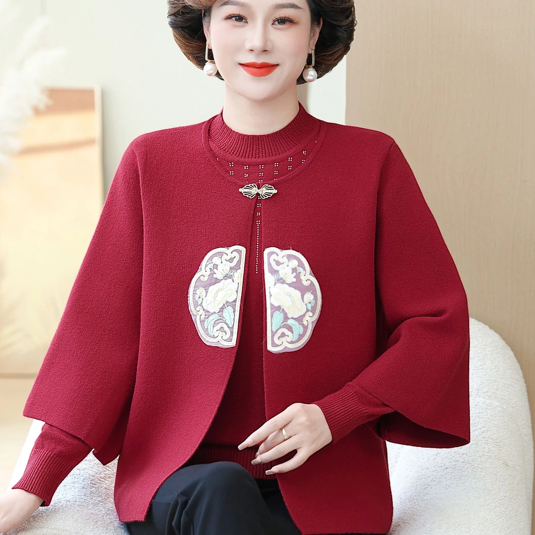 老年人奶奶秋装女针织毛衣外套中老年妈妈红色本命年婚礼套装上衣