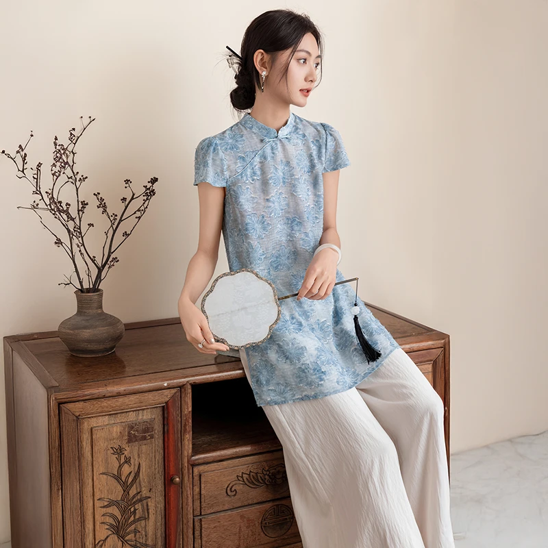 爱客2025年夏季薄款提花中长款立领短袖套装YA25224H006