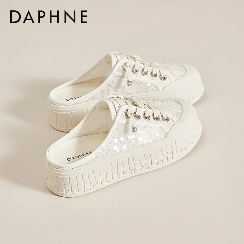 达芙妮小香风亮片包头半拖鞋女夏季外穿网面渔夫鞋厚底懒人小白鞋