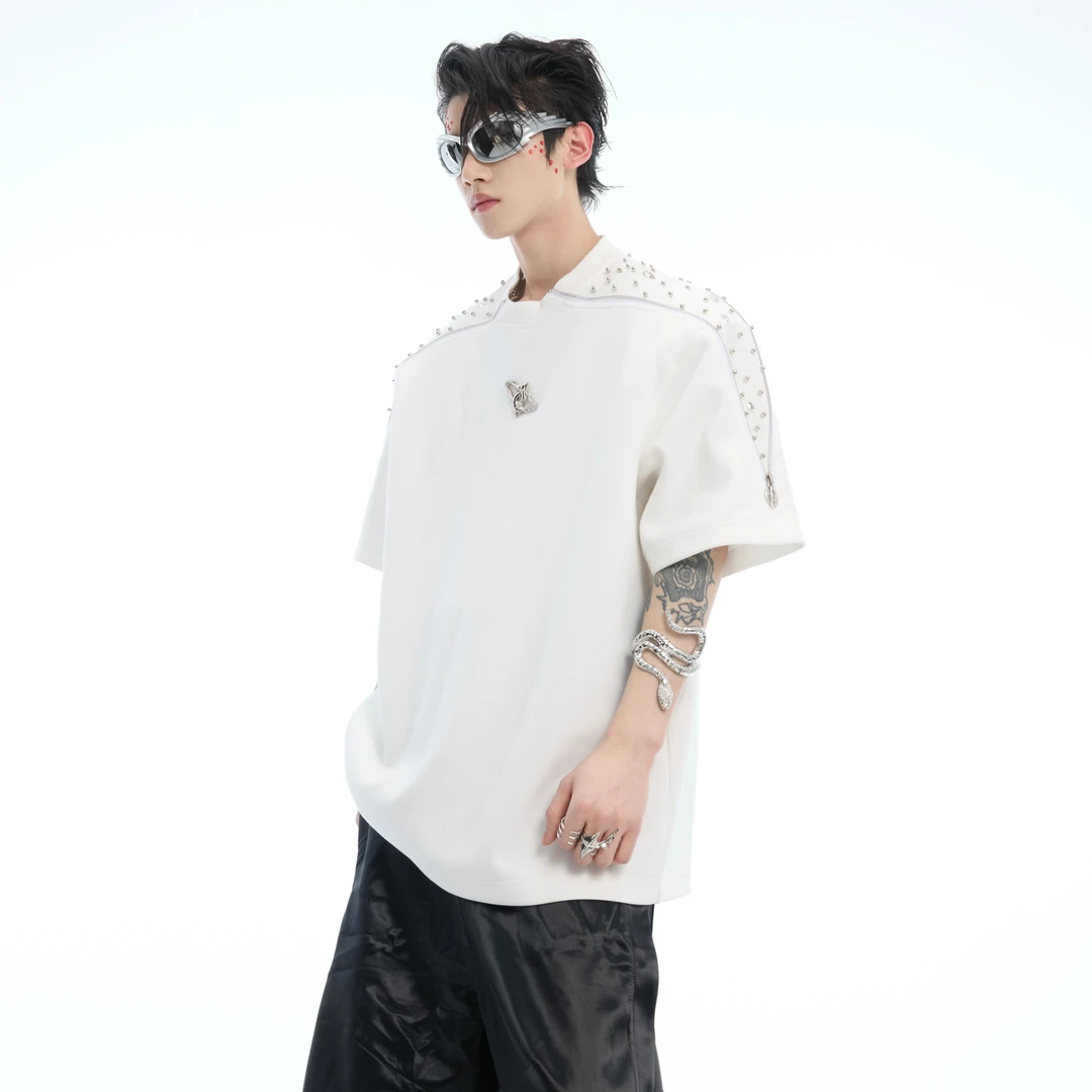 ArguE CulturE 小众重工镶钻金属拉链设计感短袖T恤宽松圆领上衣