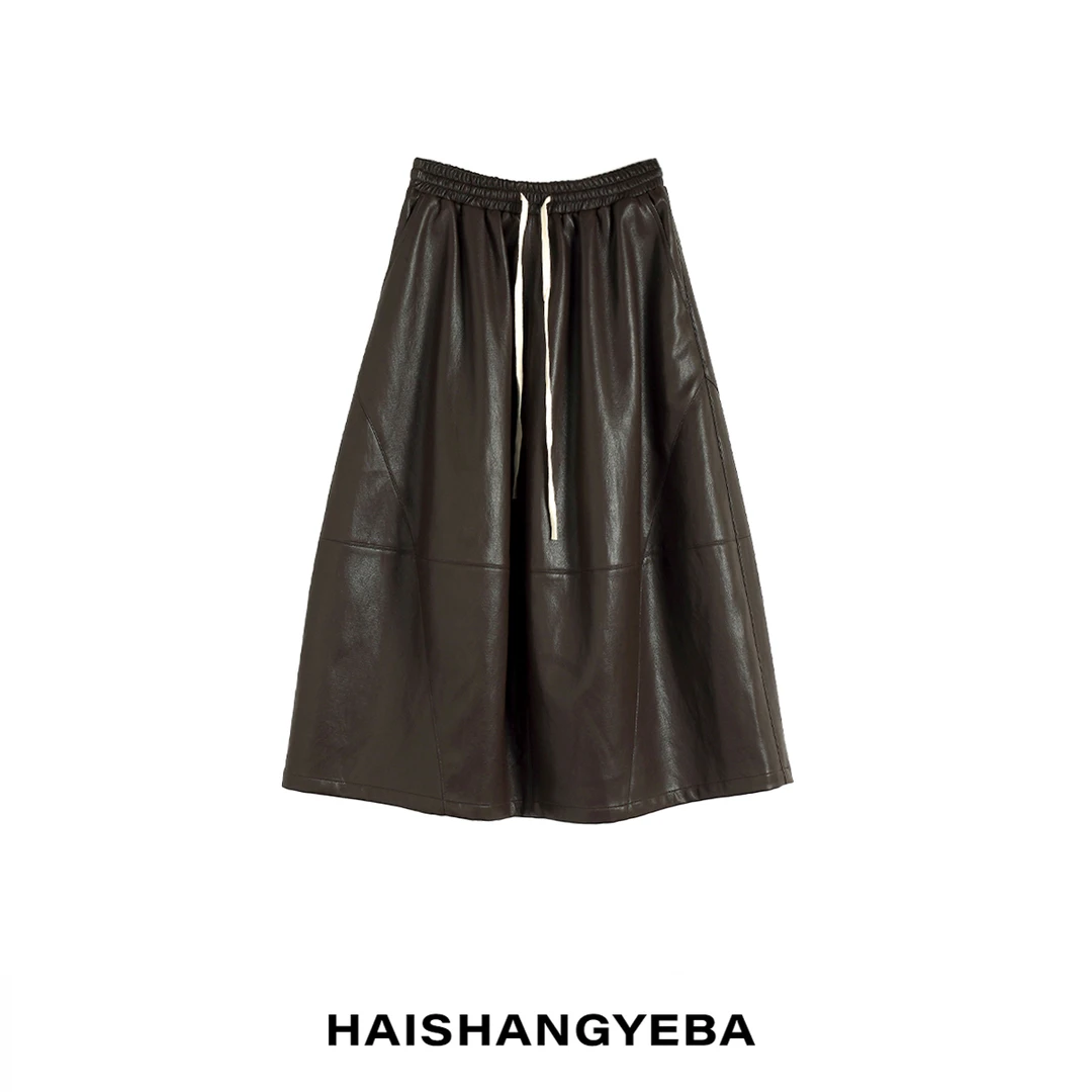 【海上叶爸】新款2025春秋百搭棉松紧腰透气PU宽松半身皮裙