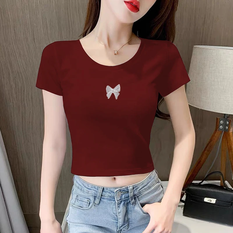 高腰漏肚脐短款上衣女夏季薄款ins小个子露肚体恤修身正肩短袖t恤