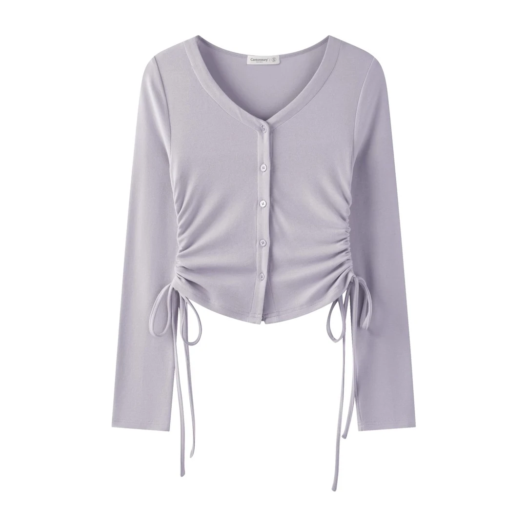 【现现】纯色抽褶收腰t恤女抽绳辣妹v领修身百搭上衣Y41248442