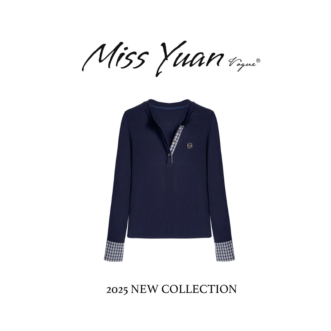 M.Y媛总 2024秋轻奢时尚格子拼接T恤衫百搭显瘦个性上衣#63927