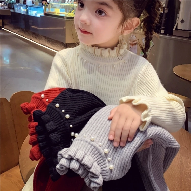 女童打底衫冬装新款洋气儿童百搭纯色花边领针织衫小女孩毛衣