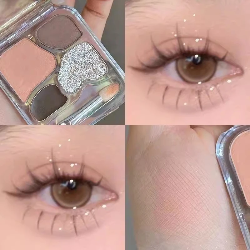 四色眼影盘卧蚕粉盘带刀锋刷韩系奶茶杏色淡妆纯欲卧蚕珠哑光闪粉