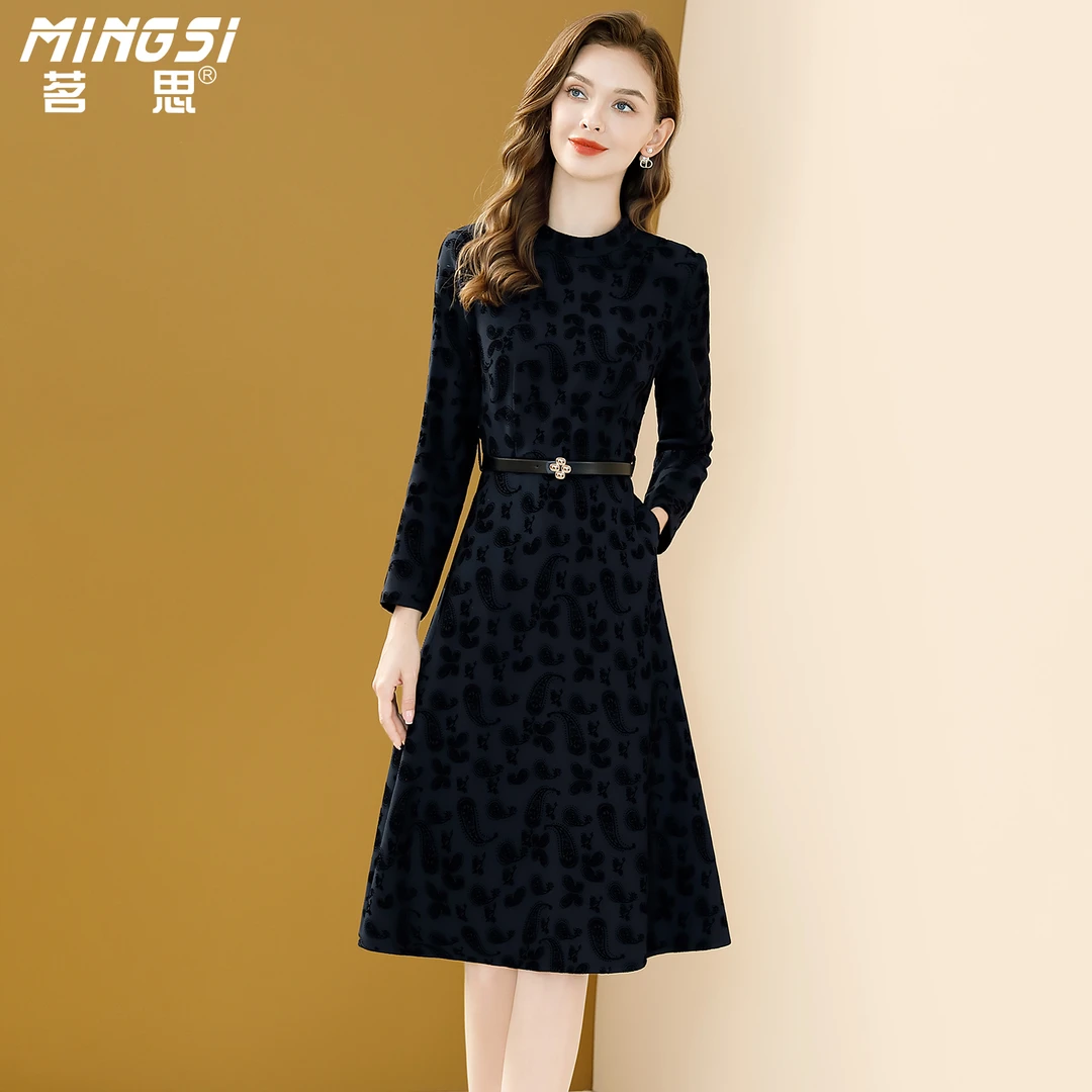 茗思复古提花连衣裙2025秋季新款优雅气质女装修身显瘦中长款裙子