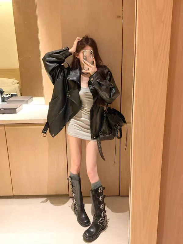 修身型免烫秋季皮夹克厚款复古收口皮衣上衣复古秋冬