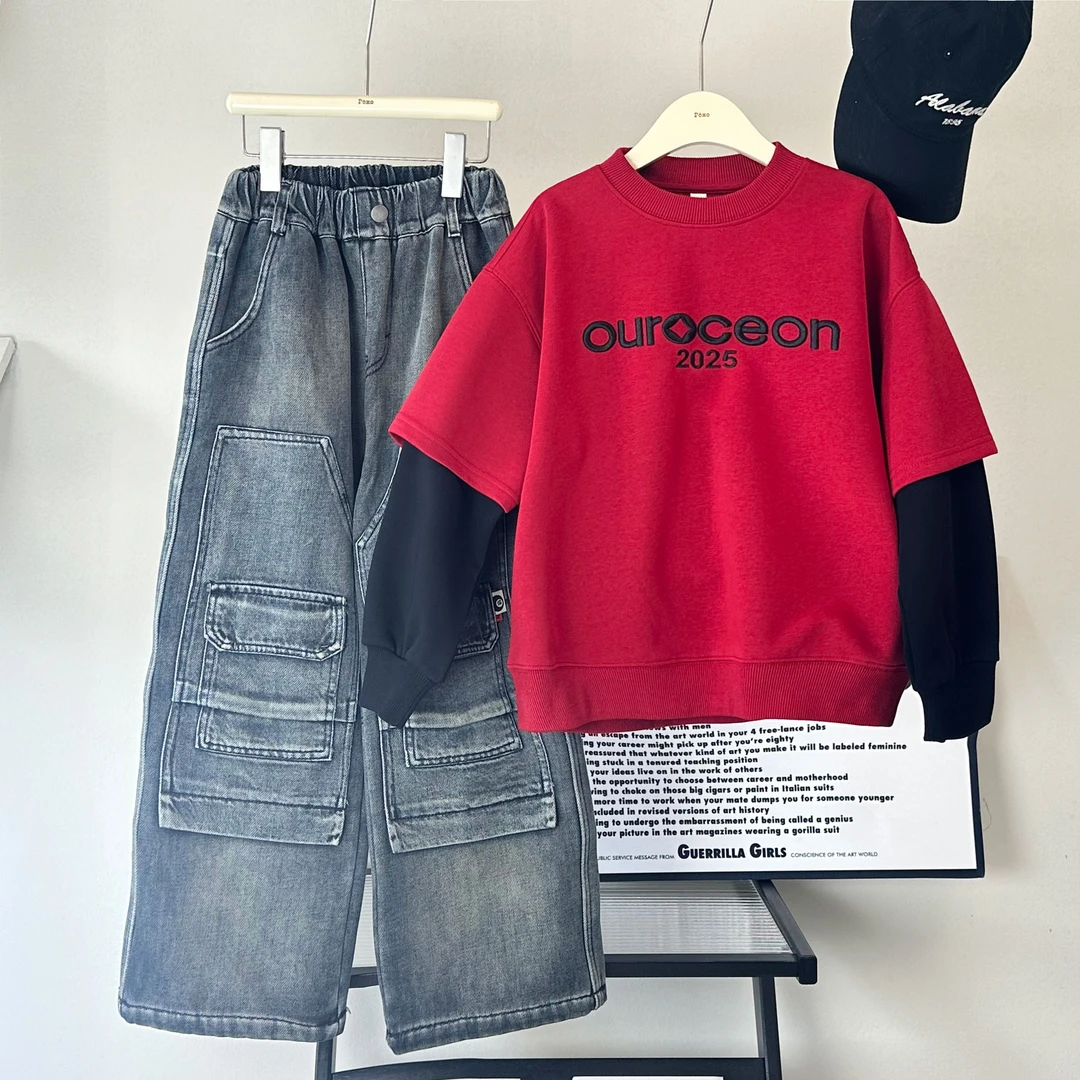 w911儿童假两件卫衣年货款男童潮牌长袖T恤春季新款中大童上衣韩