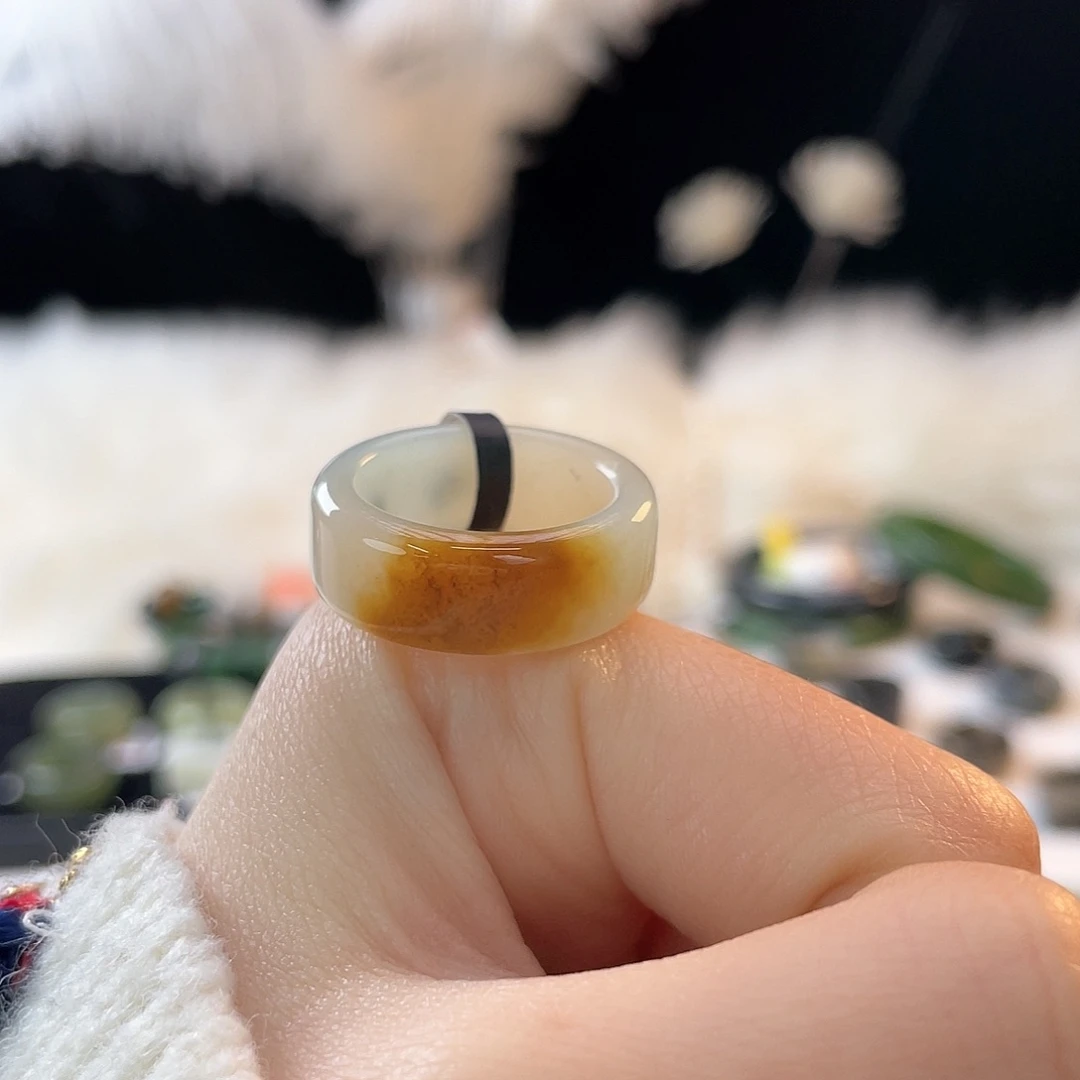 和田玉未镶嵌戒指k14一口糖带青花圆切18.1mm