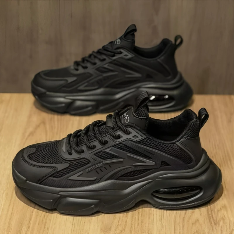 男士老爹鞋夏季透气运动男款潮牌痞帅轻奢男鞋纯黑色运动鞋男款