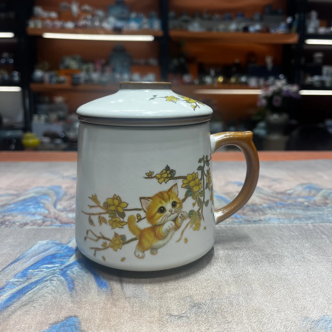 扬名茶器 黄汝小黄花猫咪二件套办公杯茶水分离杯5883