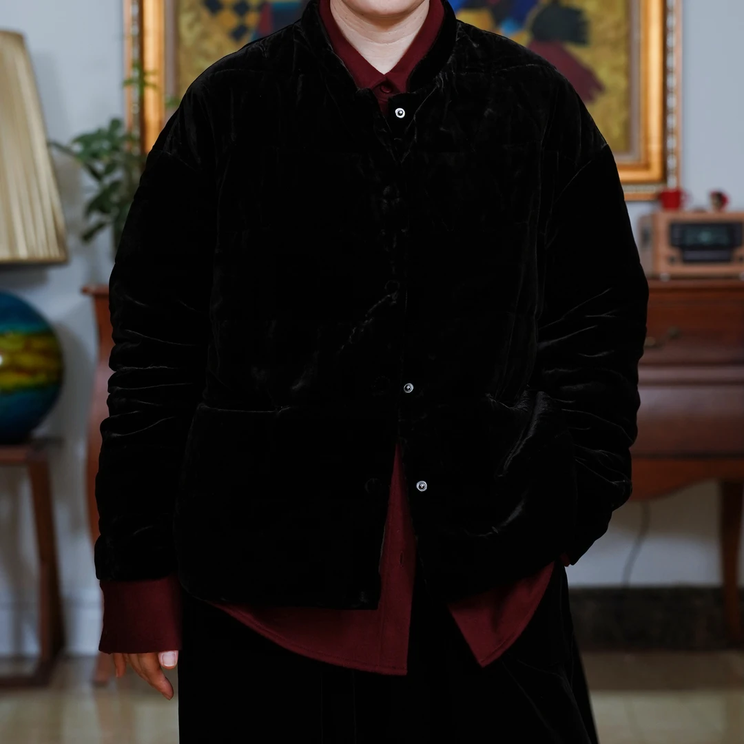 『烟客』复古中国风丝绒气质百搭鹅绒短款外套-W5Y6913