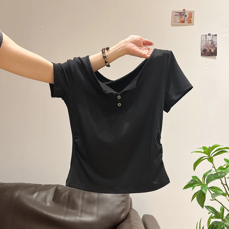 纯欲V领露锁骨正肩短袖t恤女夏季新款收腰褶皱甜辣妹短款上衣
