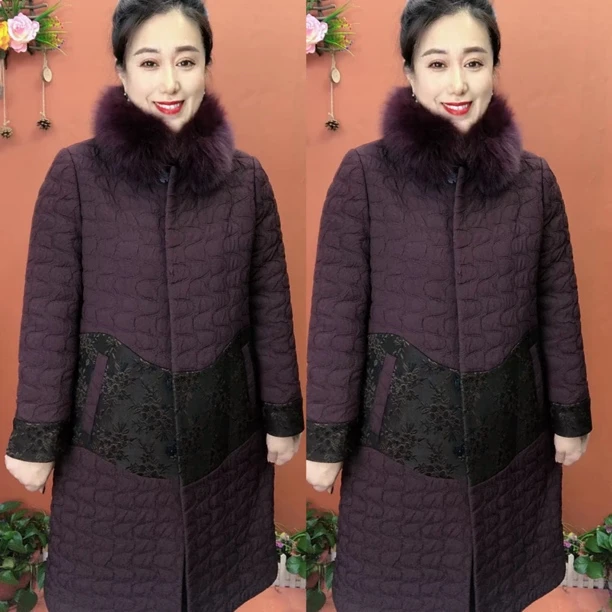 冬季中老年加棉可拆卸毛领拼接长款立领外套保暖宽松大码女装上衣