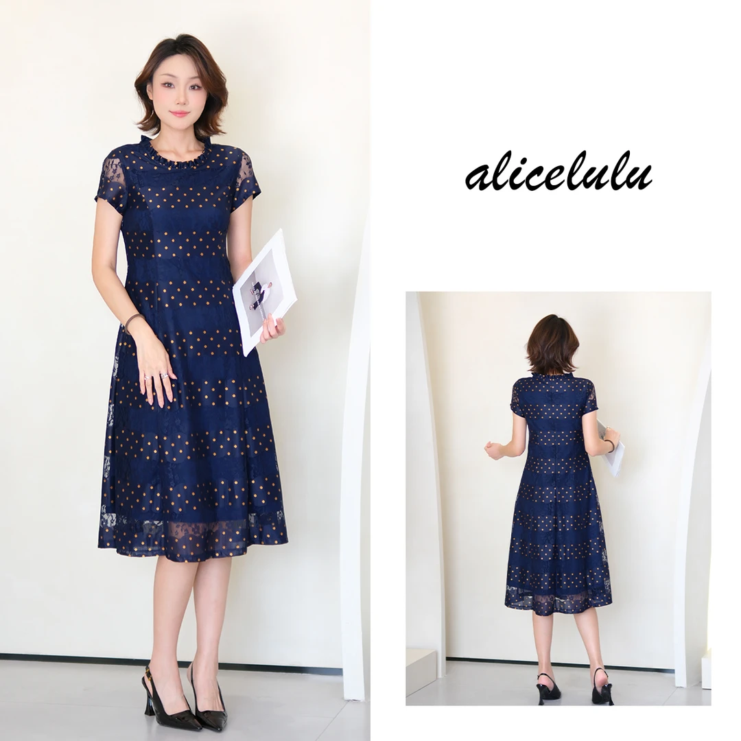 2alicelulu气质波点蕾丝拼接俏皮木耳领连衣裙S1035139U