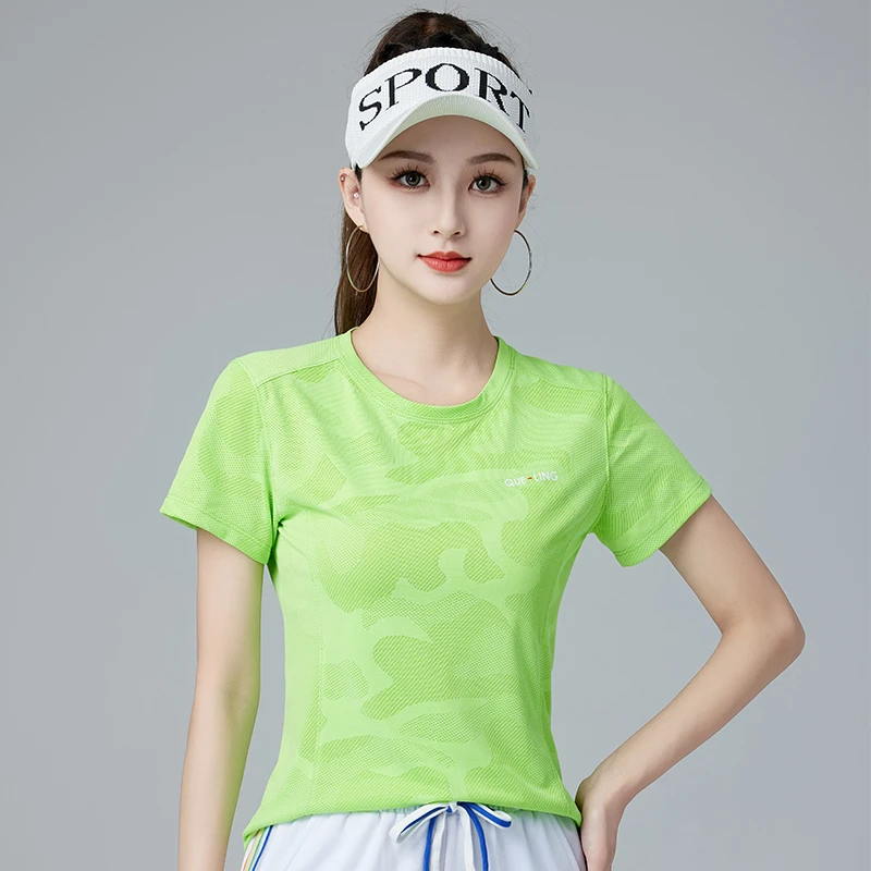 夏季户外速干衣跳舞圆领T恤半袖跑步跳操迷彩网眼短袖上衣女