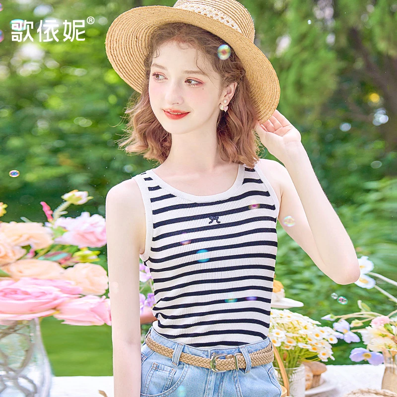歌依妮秋季新款女黑白条纹修身内搭针织衫打底衫吊带背心无袖上衣