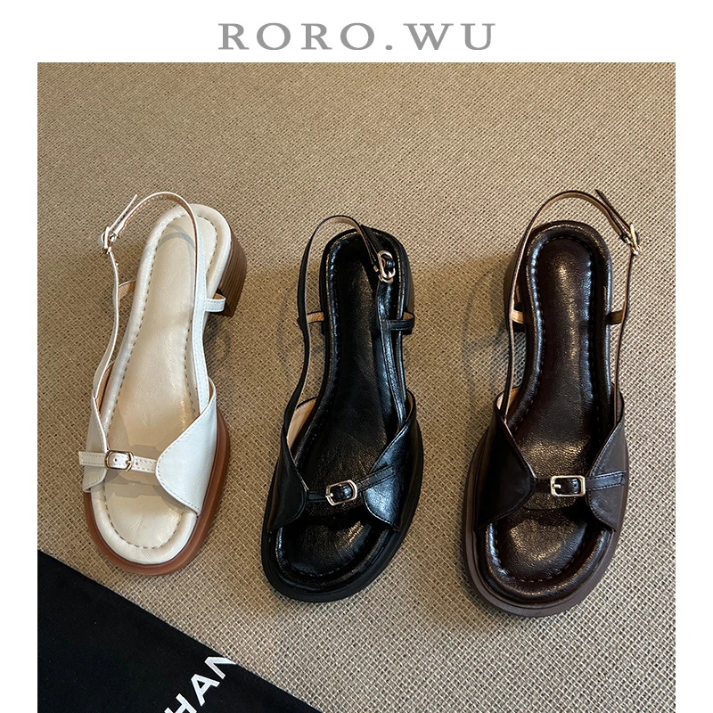 娆娆吴·羊皮甜美扣带夏季柔软舒适日常减龄露趾凉鞋T80