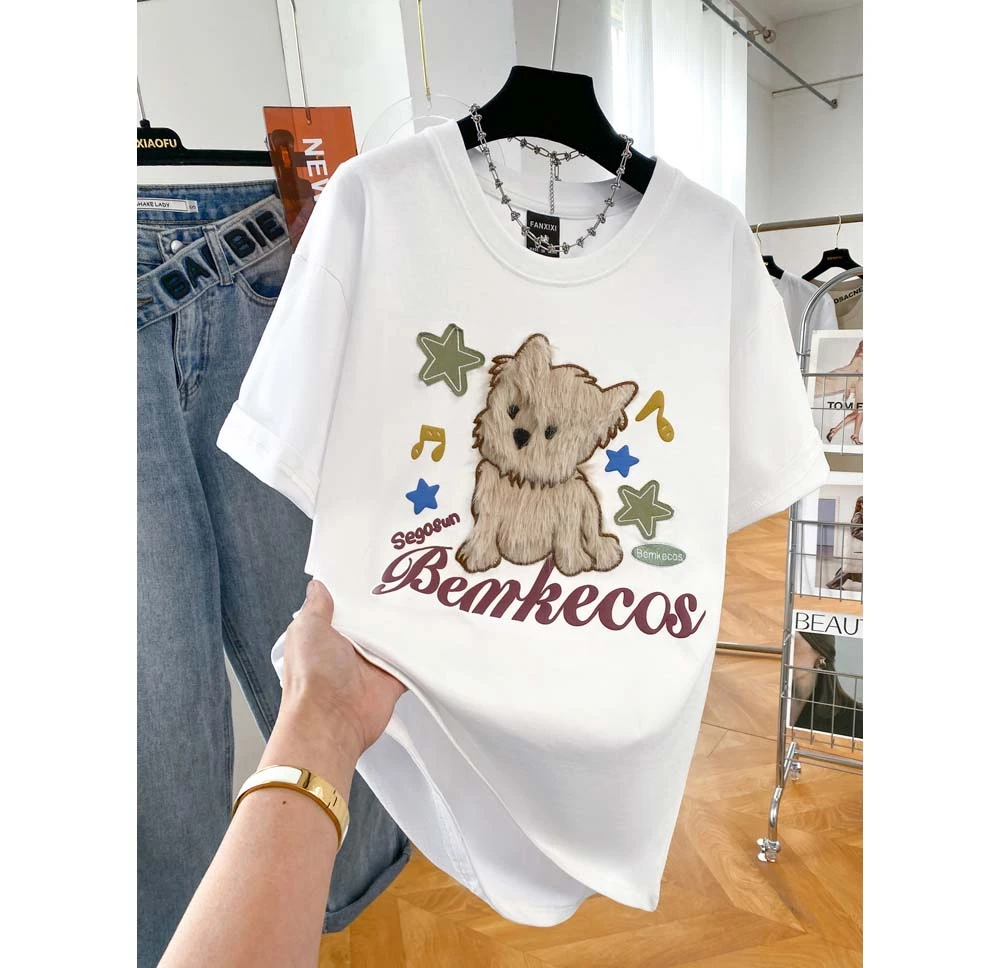 2025新款纯棉短袖t恤女爆款百搭设计感狗狗刺绣韩系宽松大码上衣