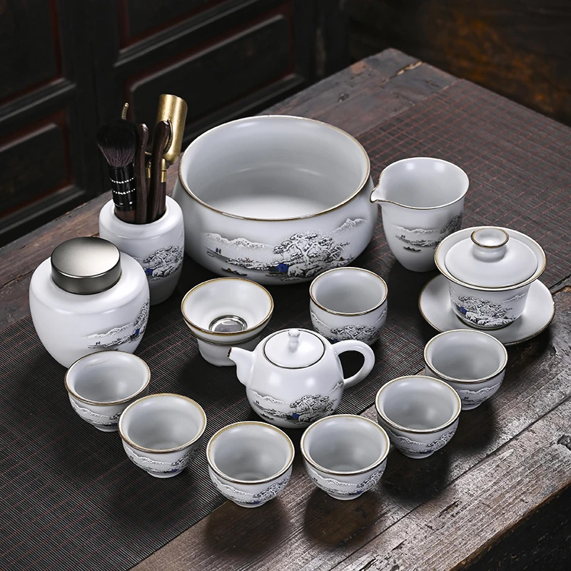 中式汝窑功夫茶具套装高端办公室会客茶具整套开片可养汝瓷泡茶杯