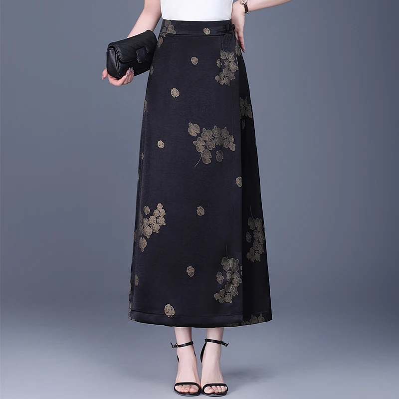 丝滑缎面开叉包臀半身裙女2025夏季新款印花高腰长款一片式直筒裙
