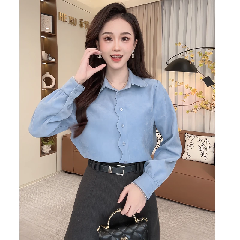 法式气质花边翻领长袖衬衫女2024春季新款别致设计感小众内搭上衣