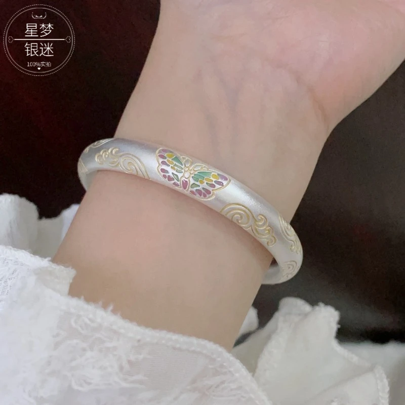 足银珐琅手镯 银9999珐琅蝴蝶祥云手镯国风气质描金女友礼物手镯