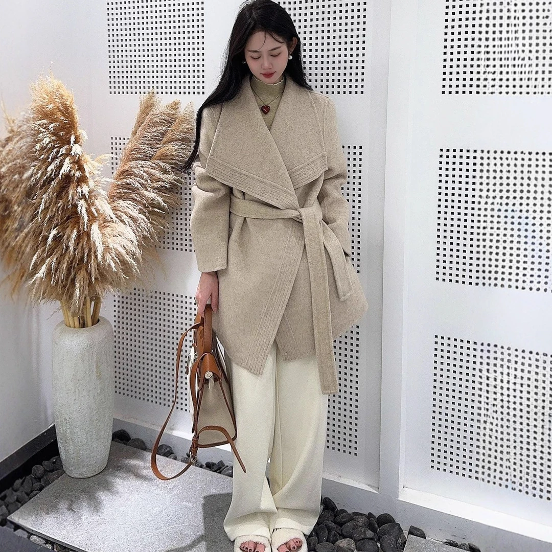 双11网红爆款大翻领双面羊毛加长款大衣女宽松系带韩系加厚款外套