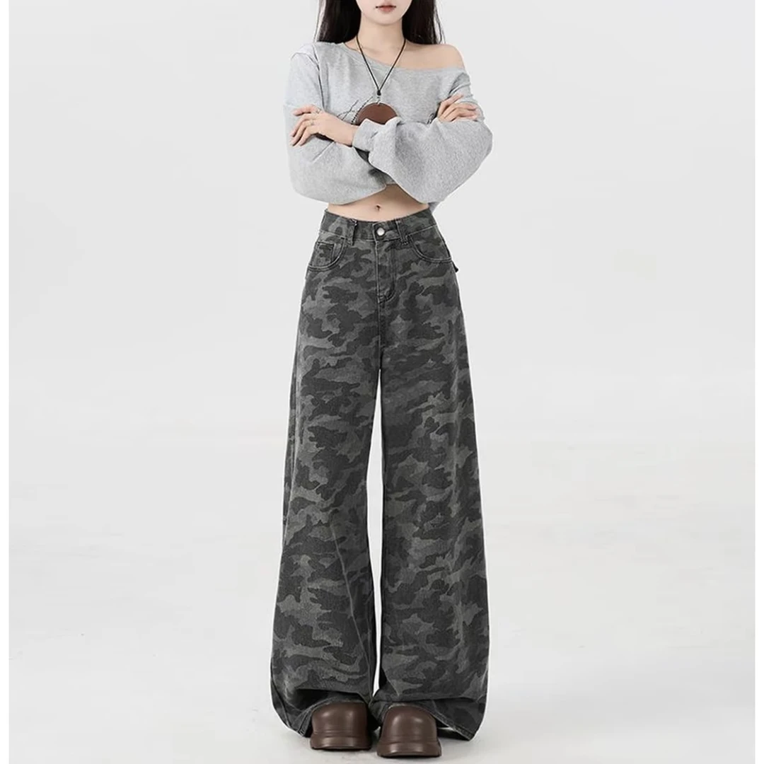 美式百搭复古迷彩牛仔裤女新款高腰直筒显瘦宽松阔腿工装拖地裤子
