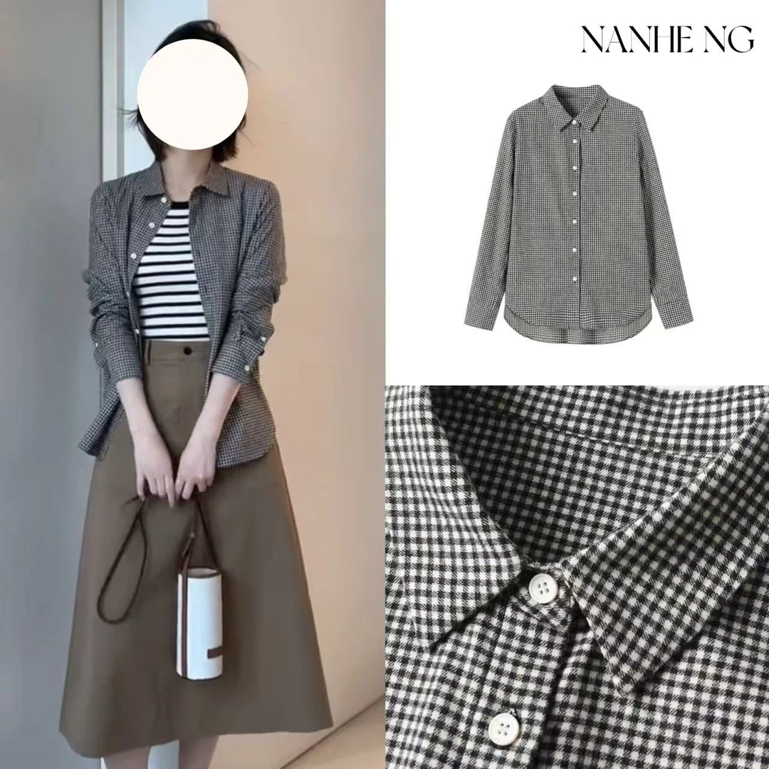 5331C女装24新款全棉斜纹长袖衬衫时尚休闲百搭经典格纹黑白春夏