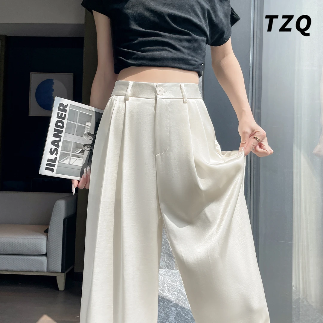 杏色醋酸缎面冰丝阔腿裤女夏季宽松直筒垂感拖地西装裤TZQ2553043