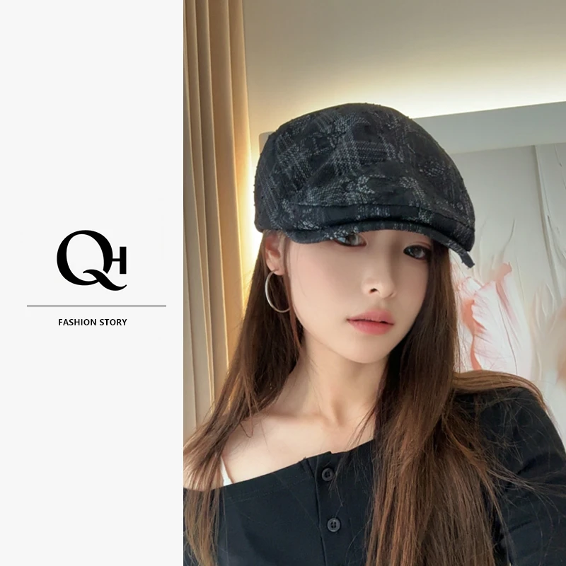 新款复古条纹前进帽女优雅百搭气质时尚精致显脸小秋冬鸭舌贝雷帽