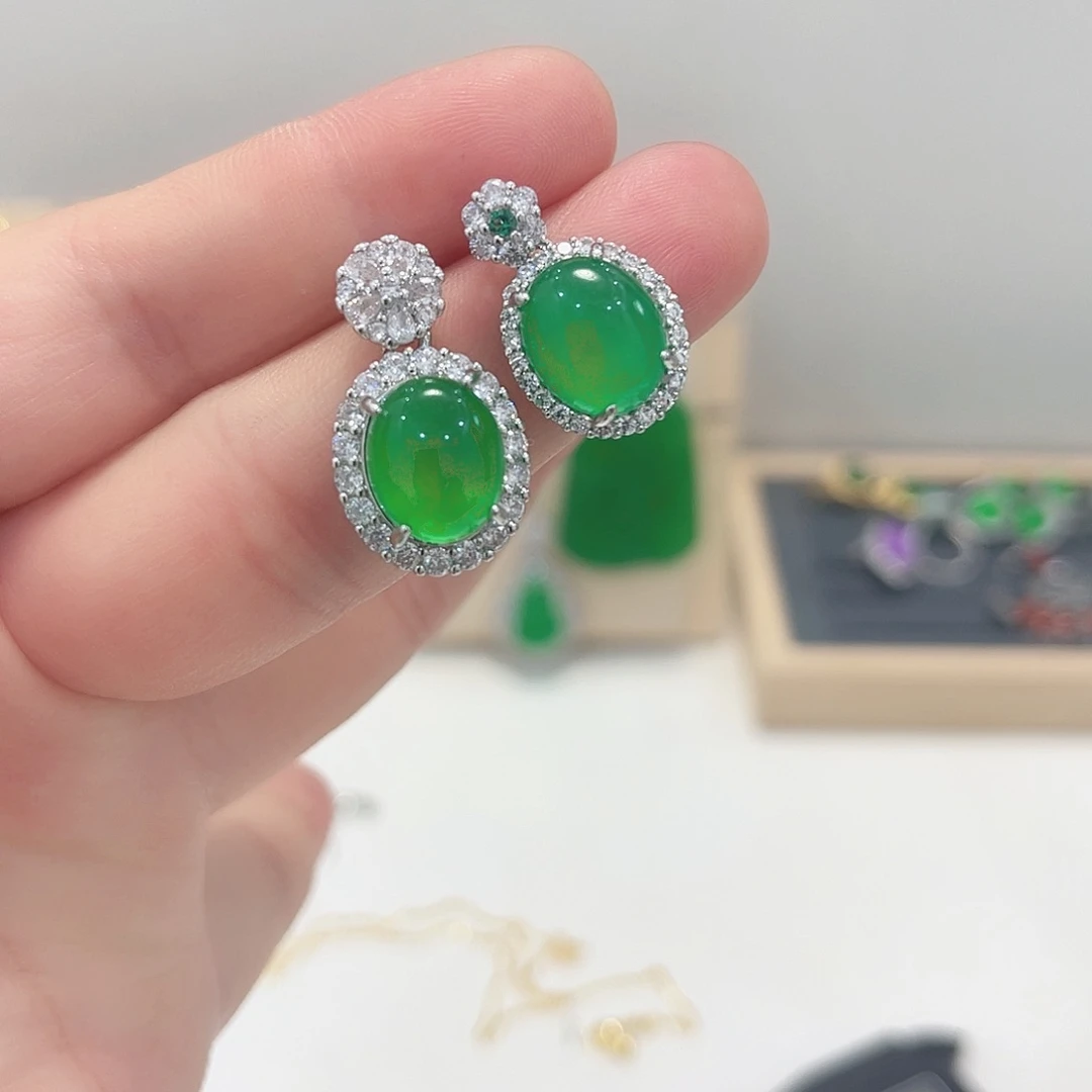 翡翠银S925镶嵌耳饰耳钉