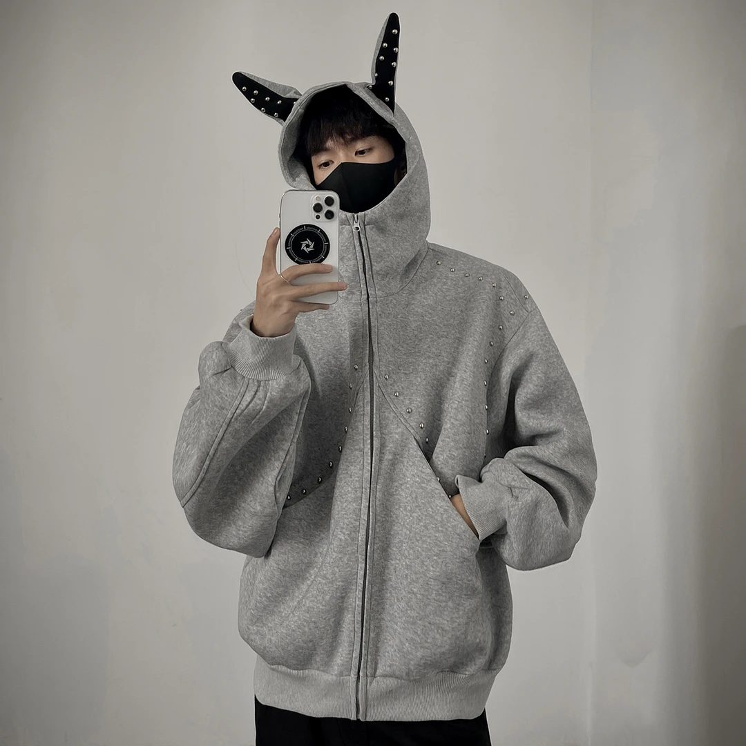 CYJ美式早秋新款重磅铆钉男生拼接ins连帽卫衣春秋秋季情侣外套