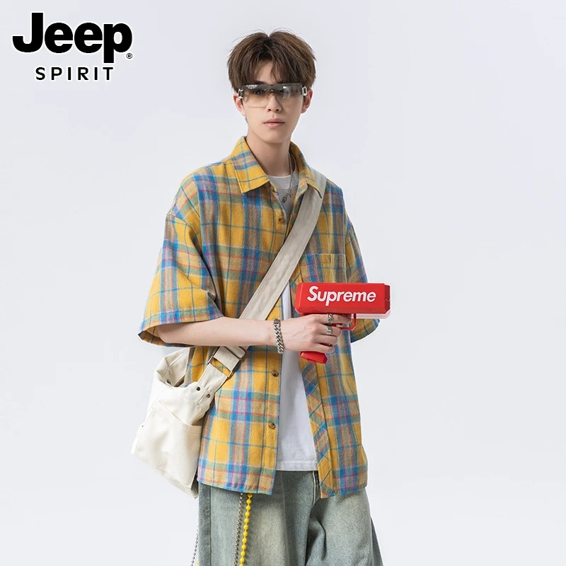 JEEPSPIRIT黄色格子短袖衬衫港风衬衣2025新款潮牌韩版男生穿搭