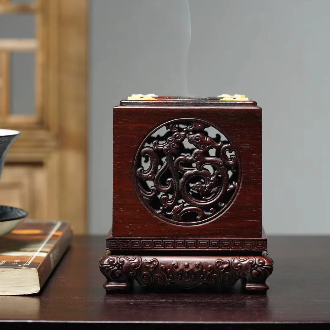老挝大红酸枝百宝玉石镶嵌赤龙福寿盘香盒10*10*11