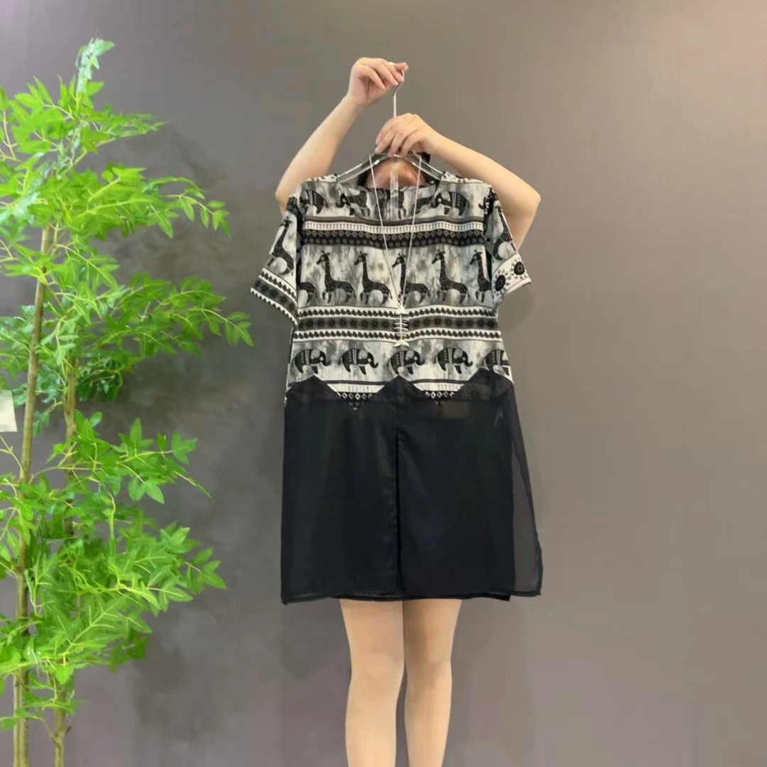 2587夏季欧洲站动物印花潮流拼接网纱不规则大码显瘦中长款小衫