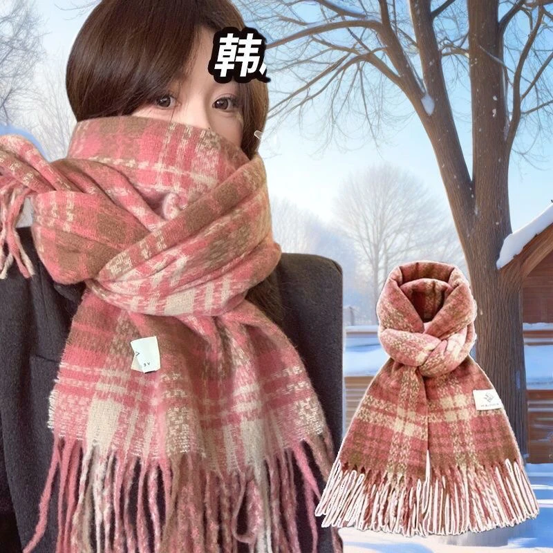 美拉德系仿羊绒格子围巾女冬季韩系氛围感保暖披肩冬天网红围脖