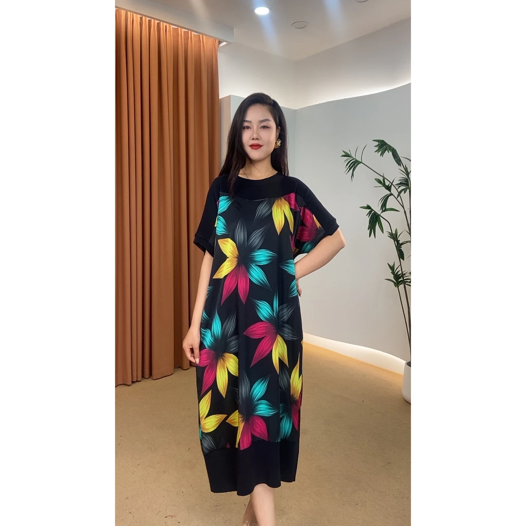 087号女装复古夏季气质优雅印花连衣裙显瘦气质大摆裙长款时尚