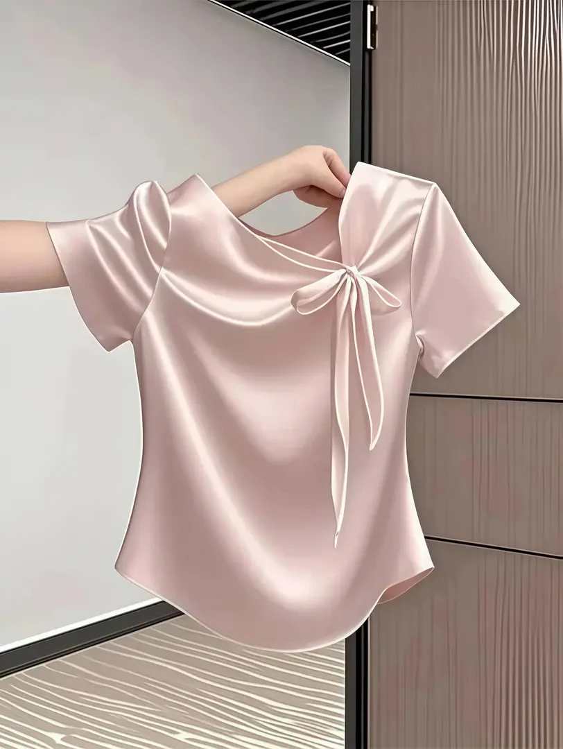 设计感蝴蝶结正肩短袖T恤夏季2025新款国风洋气减龄时尚百搭上衣