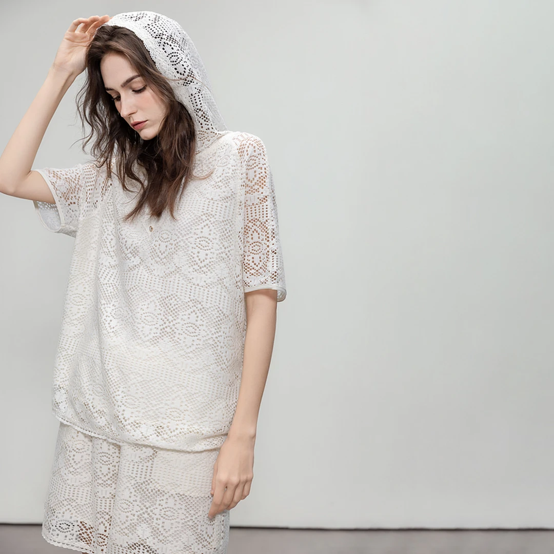 德玛纳镂空蕾丝提花套装女25夏季新款连帽上衣松紧高腰短裤两件套