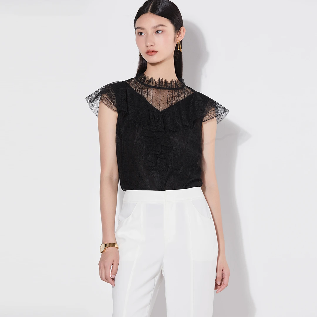 【粉丝专享】蕾丝假两件小衫夏季浪漫花边领时尚蕾丝边上衣M300352