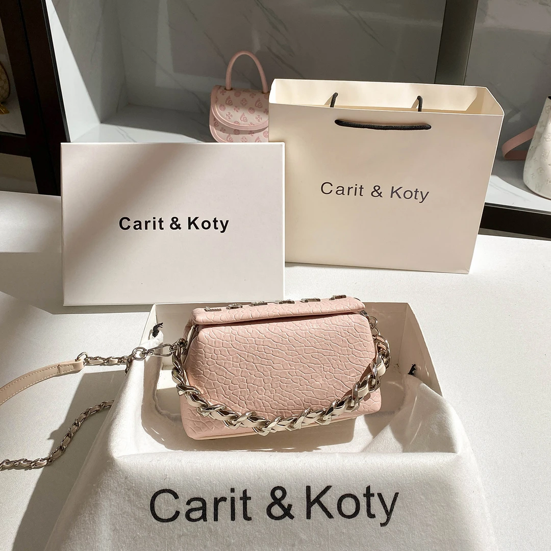 CARIT KOTY粉色真皮质感小方包包女爆款2025新款通勤链条斜挎小包