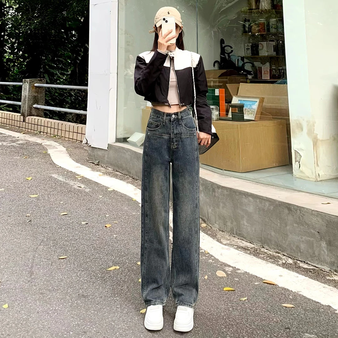 显高复古柳丁款牛仔裤女小个子设计感遮胯显瘦百搭新款高腰阔腿裤