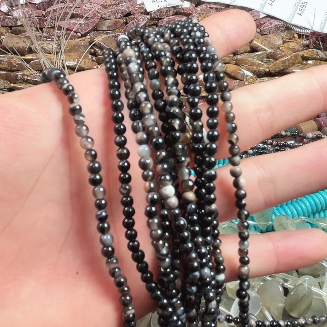 玛瑙/玉髓合金珠宝半成品A688，天然黑玛瑙圆珠4mm拍一发三