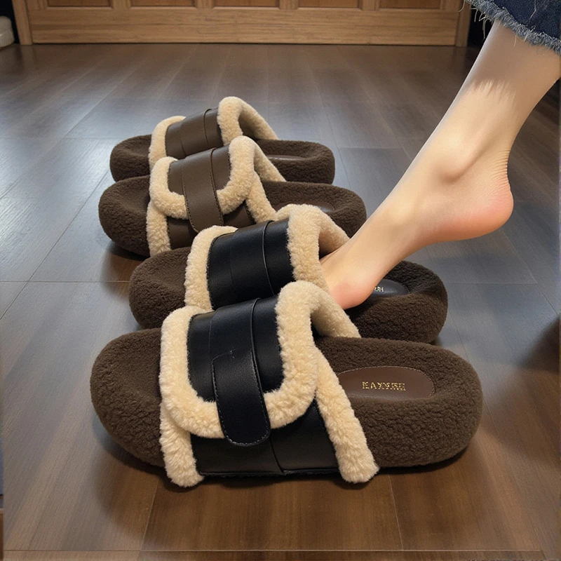 羊羔绒厚底毛毛拖鞋女外穿2025年新款秋季真皮高级感软底孕妇棉拖