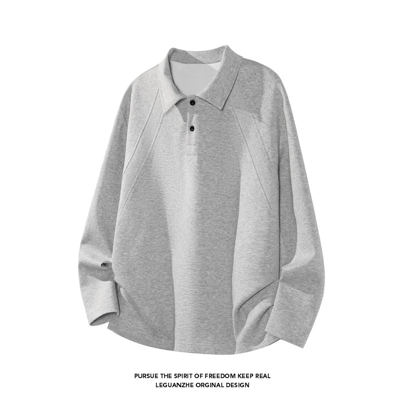 灰色翻领polo衫长袖男士休闲打底T恤宽松纯色韩版春秋季新款上衣